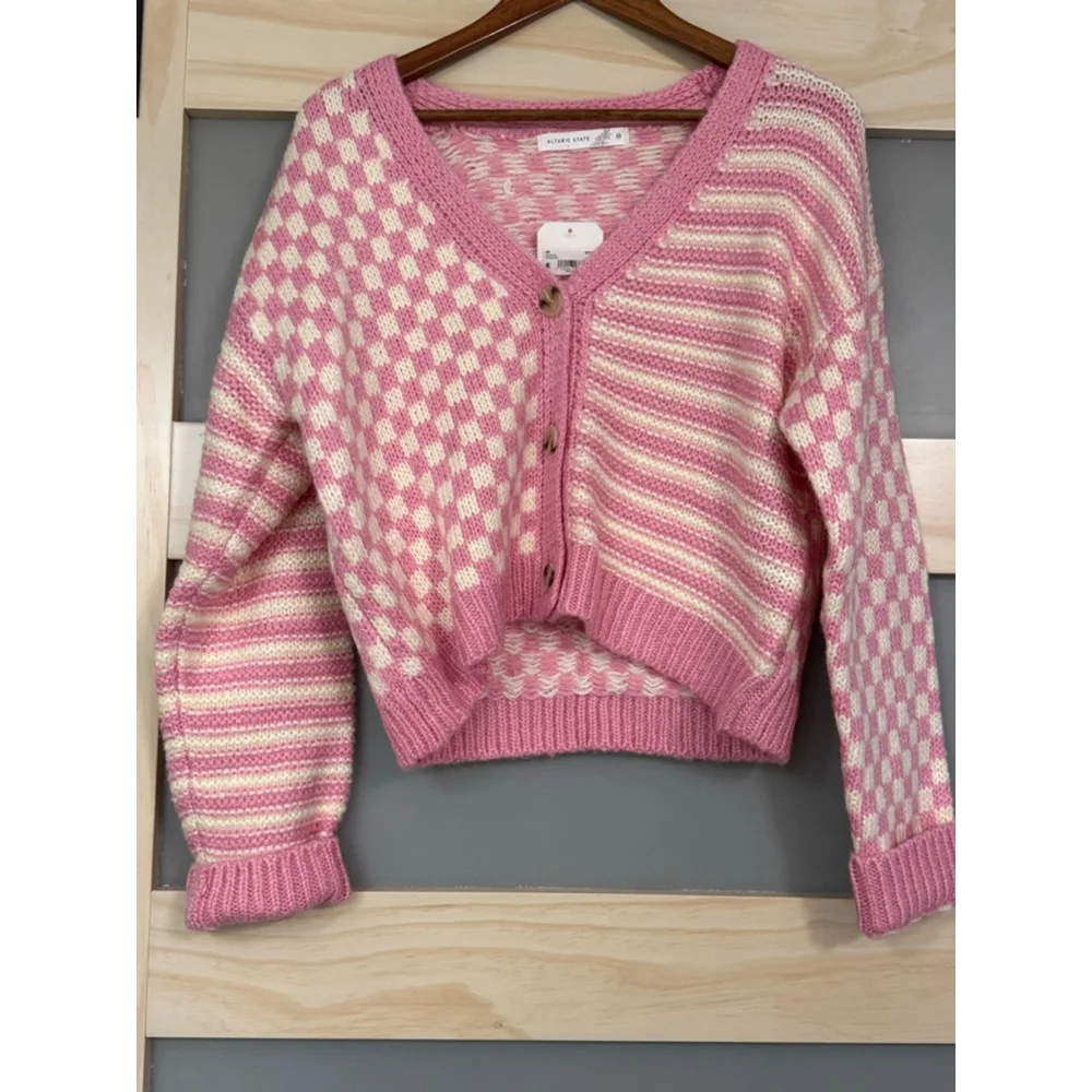 Altar’d State Pink Ivory Checkerboard Stripe Cropped Cardigan Sweater NWT Sz M $ - Picture 1 of 5